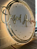 Letrero luminoso de espejo redondo personalizable con logotipo, texto personalizado