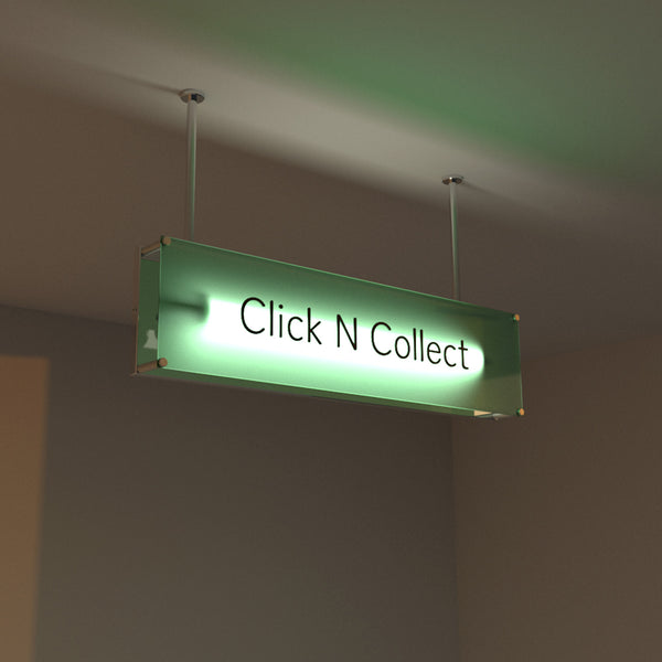 Enseigne lumineuse suspendue 80x20 cm avec néon Intégré, structure en acier. Finition givrée, Personnalisable sur mesure