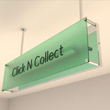 Enseigne lumineuse suspendue 80x20 cm avec néon Intégré, structure en acier. Finition givrée, Personnalisable sur mesure