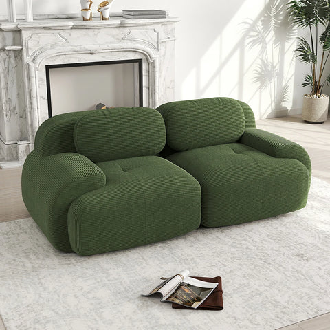 Canapé 2 Places en Velours Côtelé Vert Modulable et Combinable avec Accoudoirs pour le Salon