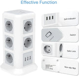 Multiprise Verticale avec 11 sorties + Ports 3 USB, Câble 200 cm, Prise EU