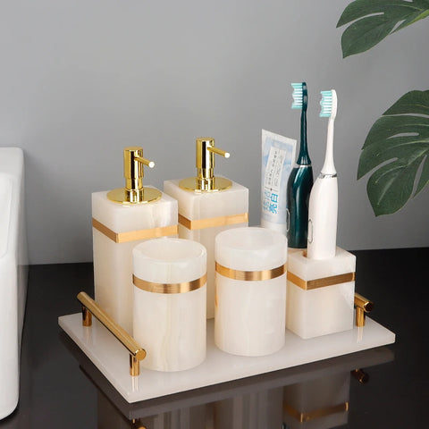 Pack Accessoires Salle de Bain Marbre Naturel – Distributeur Savon, Porte-Brosse à Dents, Coton-Tiges et Plus