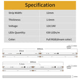 Ruban LED COB Haute Puissance Étanche IP65 Flexible 5m RGBIC 12/24V