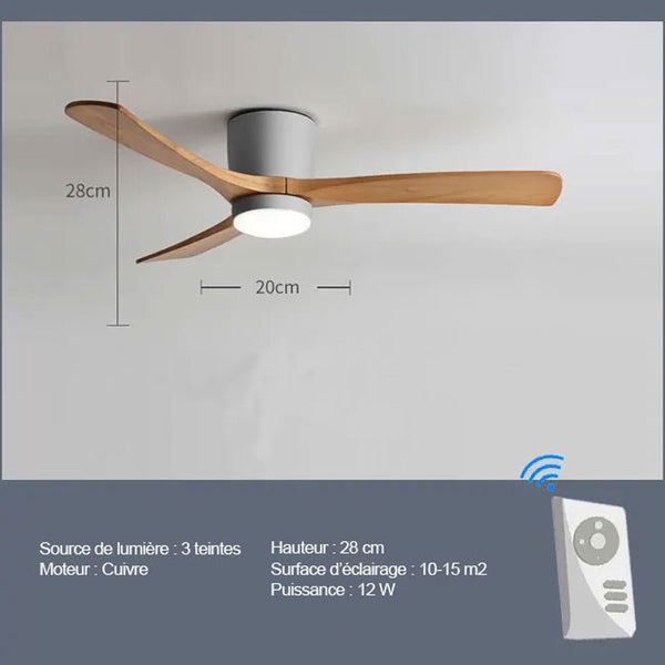 Ventilateur de Plafond Silencieux, Réversible en Bois avec Lumière et Télécommande - BORÉO