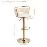 Tabourets de Bar Hauteur Réglable en Velours - Lot de 2 Chaises Pivotantes avec Dossier