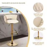 Tabourets de Bar Hauteur Réglable en Velours - Lot de 2 Chaises Pivotantes avec Dossier