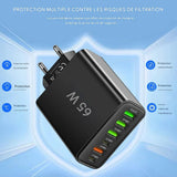 Chargeur Rapide USB multi-ports 65W – Adaptateur Mural Universel Type C pour iPhone & Android - Prise UE/US