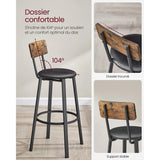 Tabourets de Bar Industriels Rembourrés - Lot de 2 Chaises Cuisine Hauteur 75,5cm - Dossier Ergonomique et Repose-Pieds