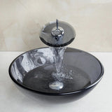 Évier en Verre à Poser Gris — Vasque Ronde Effet Cascade, Robinet Inclus