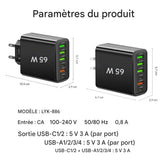Chargeur Rapide USB multi-ports 65W – Adaptateur Mural Universel Type C pour iPhone & Android - Prise UE/US