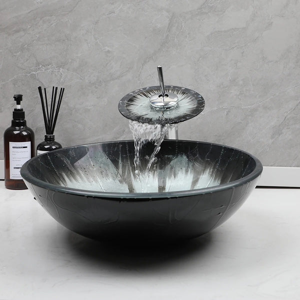 Lavabo en verre trempé rond à poser – Vasque noire avec robinet chromé inclus