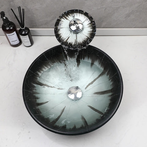 Lavabo en verre trempé rond à poser – Vasque noire avec robinet chromé inclus