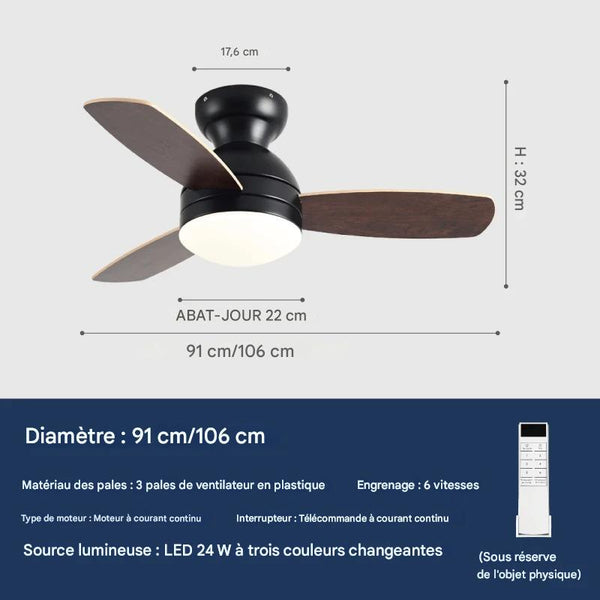 Ventilateur de Plafond Dimmable pour Chambre d'Enfants, Salle à Manger, Salon 91/108 cm avec Télécommande, 3 Pales Silencieuses