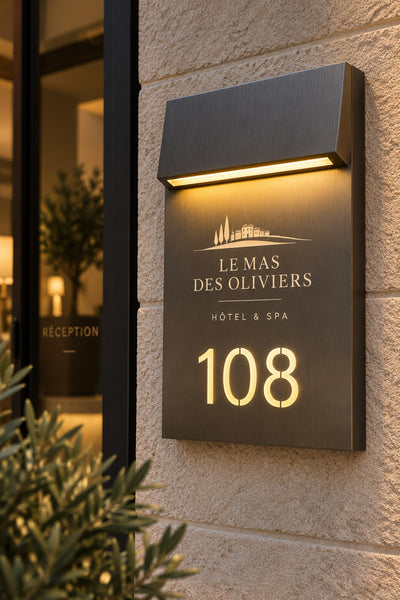 Plaque de numéro de chambre d’hôtel LED – Acier brossé rétroéclairé
