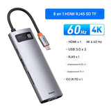 Hub USB-C 8-en-1, 4K/60Hz Haute Vitesse pour Macbook Pro, Adaptateur Multiport USB 3.0, Charge PD 100W et Port Ethernet