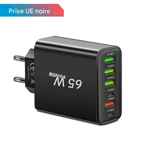 Chargeur Rapide USB multi-ports 65W – Adaptateur Mural Universel Type C pour iPhone & Android - Prise UE/US