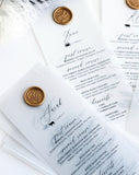 Fair-Part, Personalized Menu in Parchment Style Vellum Paper with Stamp Seal Pack of 100