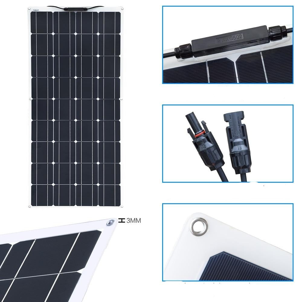 Panneau Solaire Flexible MIOLOE 300W 12V – 2 Ports USB + DC – IP65 Étanche Pour Camping, Bateau