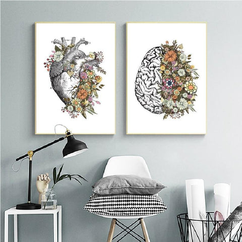 Impresión floral de la anatomía del corazón - Cerebro florido