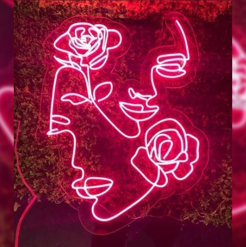 Néon LED - Silhouettes de Visage de Femmes et Roses Entrelacées