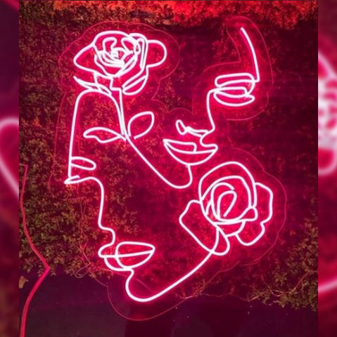 LED Neon - Silhouettes of Women's Faces and Intertwined Roses